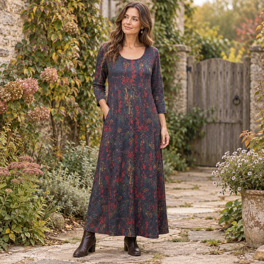 Natural Life Lottie Sweater Knit Maxi Dress XS Floral 3/4 Sleeve Cozy Artsy Boho